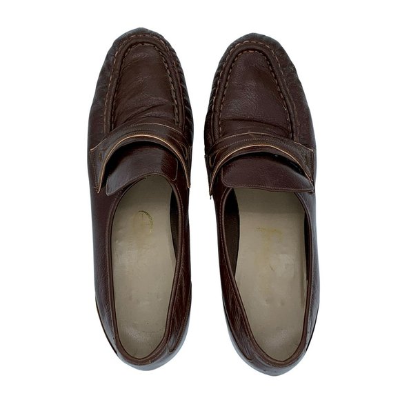 VINTAGE 60s-70s Brown Heeled Loafers with Wood Sole and Heel - Picture 6 of 10